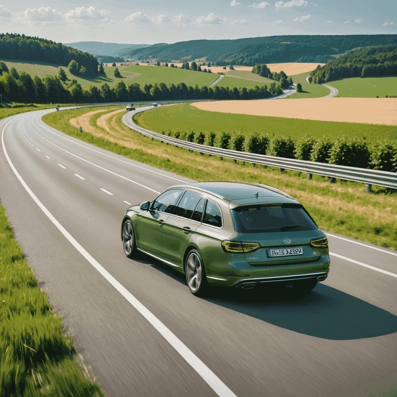 Ein modernes Auto auf einer deutschen Autobahn mit grüner Landschaft im Hintergrund, symbolisiert sicheres und effizientes Reisen in Deutschland