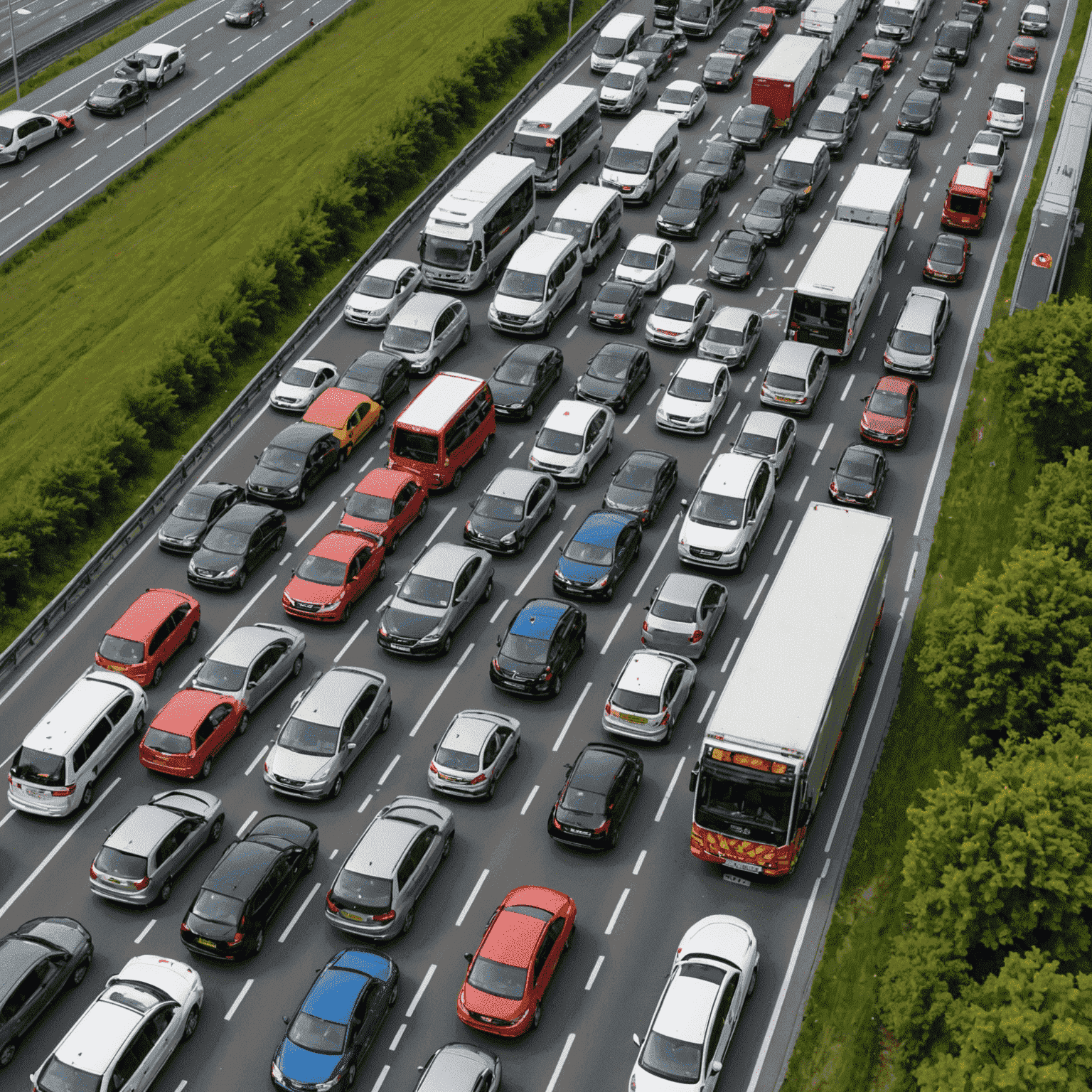 Luftaufnahme eines Staus auf der A3 bei Frankfurt mit mehreren Fahrzeugen und Rettungskräften vor Ort