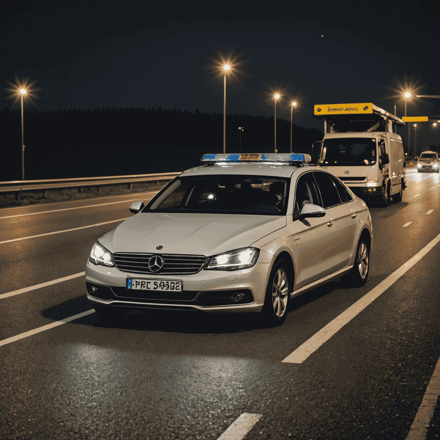 Ein Pannenhilfe-Fahrzeug hilft einem liegengebliebenen Auto auf einer deutschen Autobahn bei Nacht. Das Bild zeigt die Professionalität und Zuverlässigkeit unseres Dienstes.