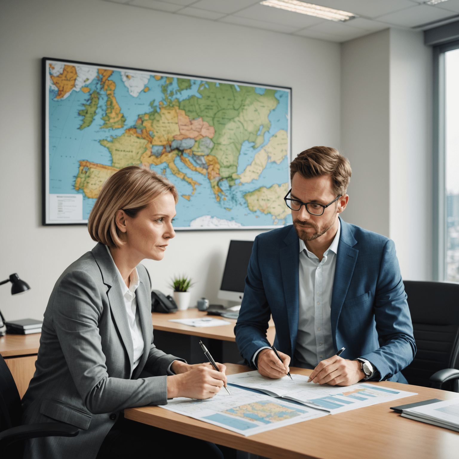 A professional insurance consultant discussing policy options with a client in a modern office setting, with German road maps and insurance documents visible on the desk