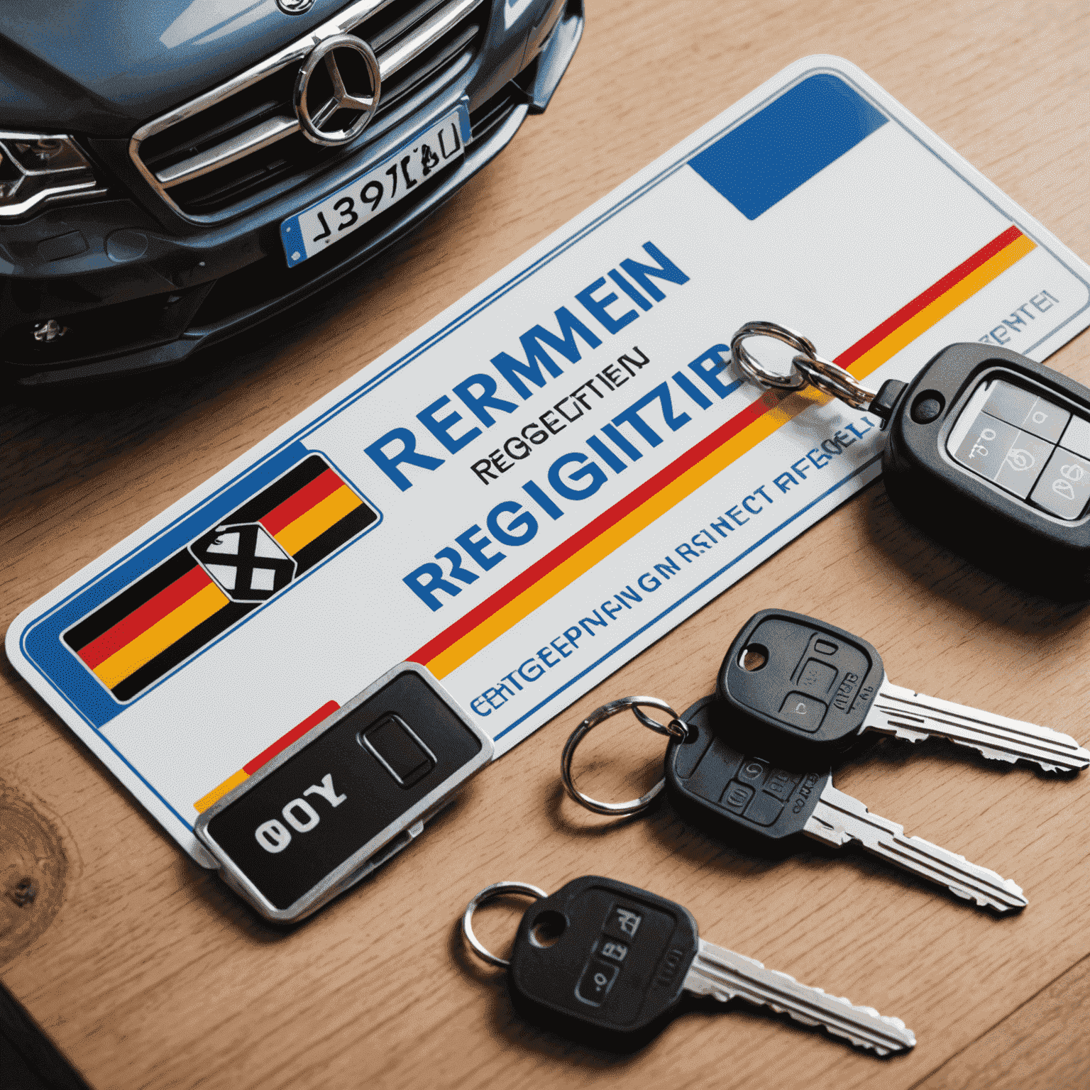 A German license plate next to registration documents and a set of car keys, symbolizing the completion of the car registration process