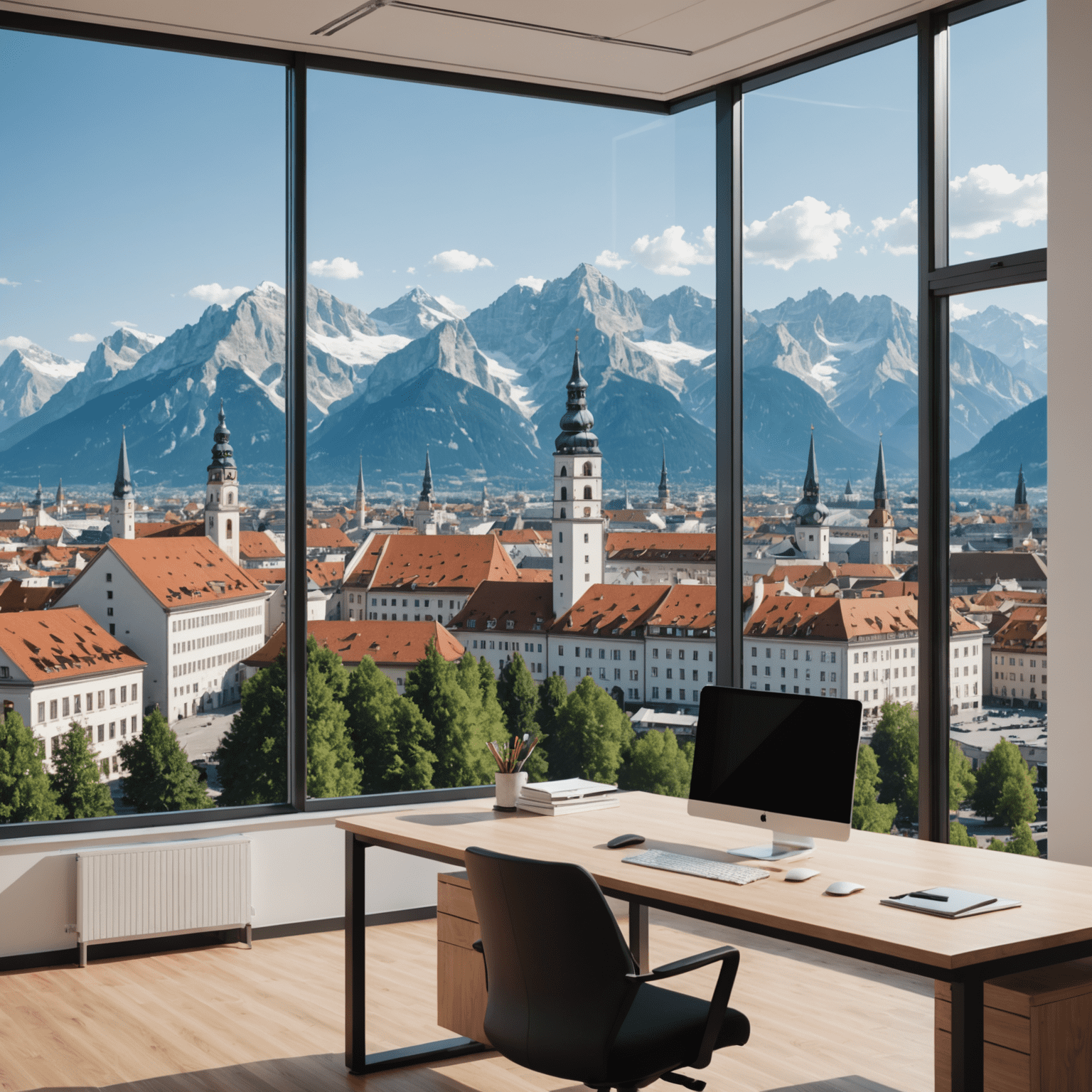 Bild des Münchner Büros von astinaq mit Blick auf die Alpen und typisch bayerische Architektur