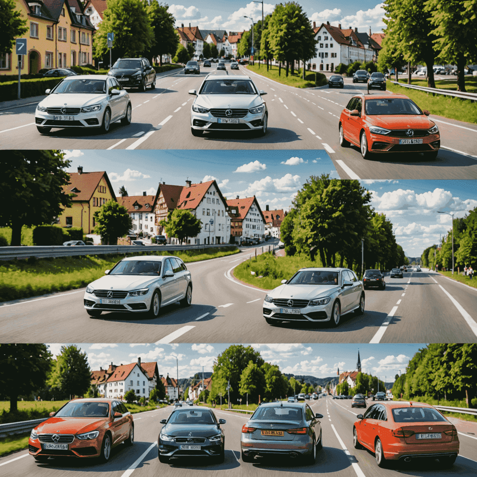 Collage von deutschen Straßenszenen, einschließlich Autobahnen, Landstraßen und städtischen Straßen, die die Vielfalt der Fahrerfahrungen in Deutschland zeigen