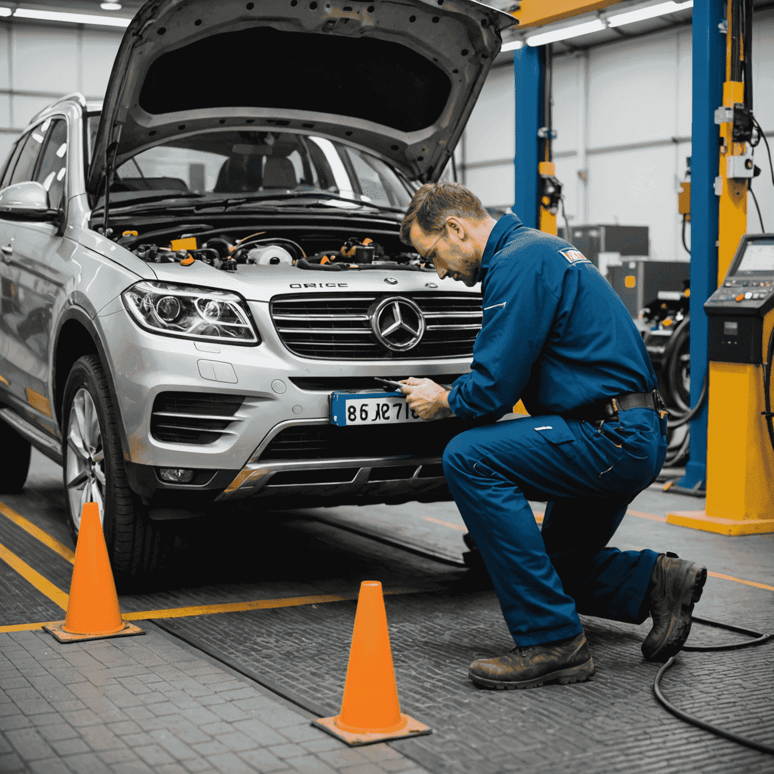 Ein Mechaniker führt eine gründliche Fahrzeuginspektion durch, wobei er moderne Diagnosegeräte verwendet. Im Hintergrund sind deutsche Verkehrsschilder zu sehen.