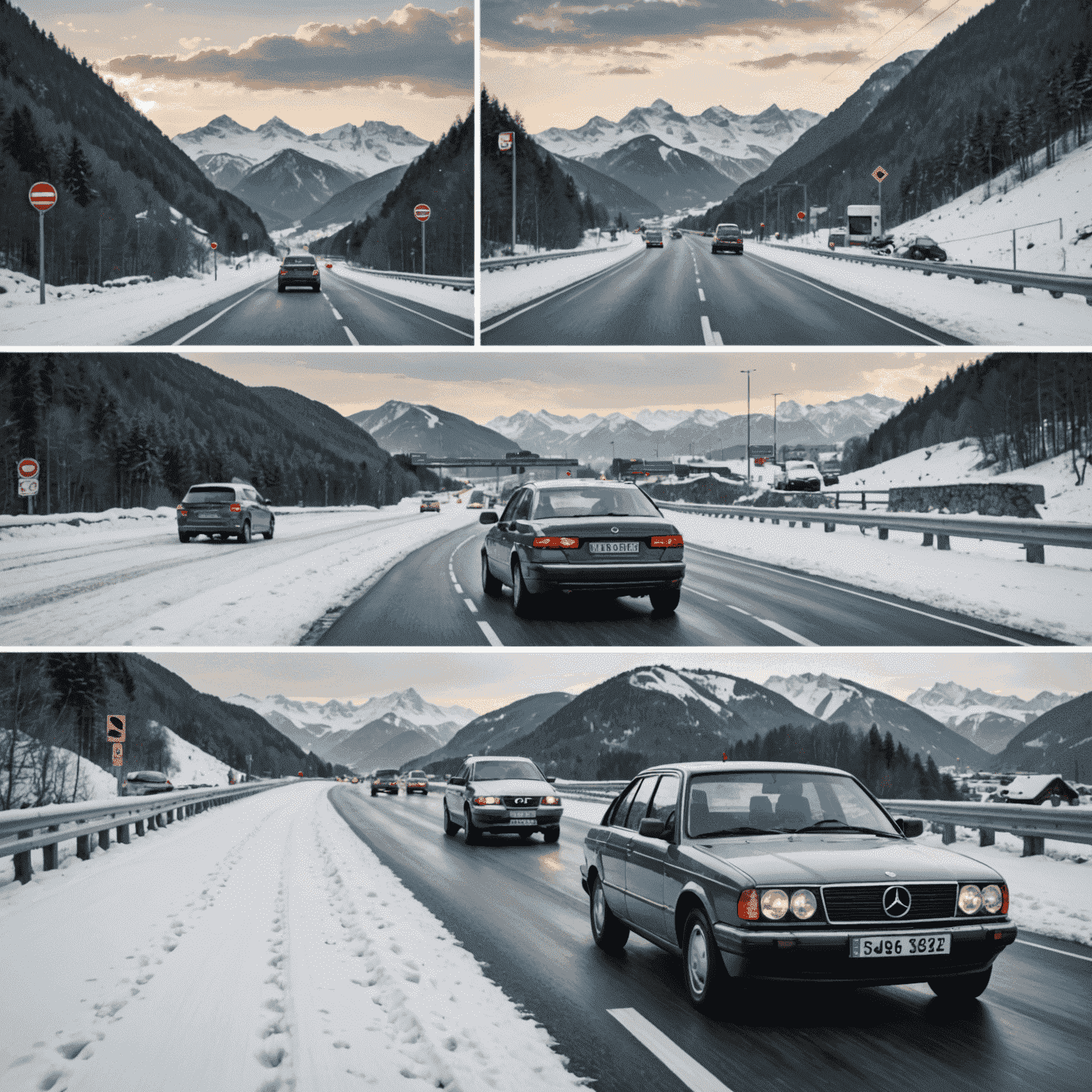 A collage showing various German road scenes: a car on the autobahn, city traffic in Berlin, a vehicle navigating through snow in the Alps, and a border crossing point