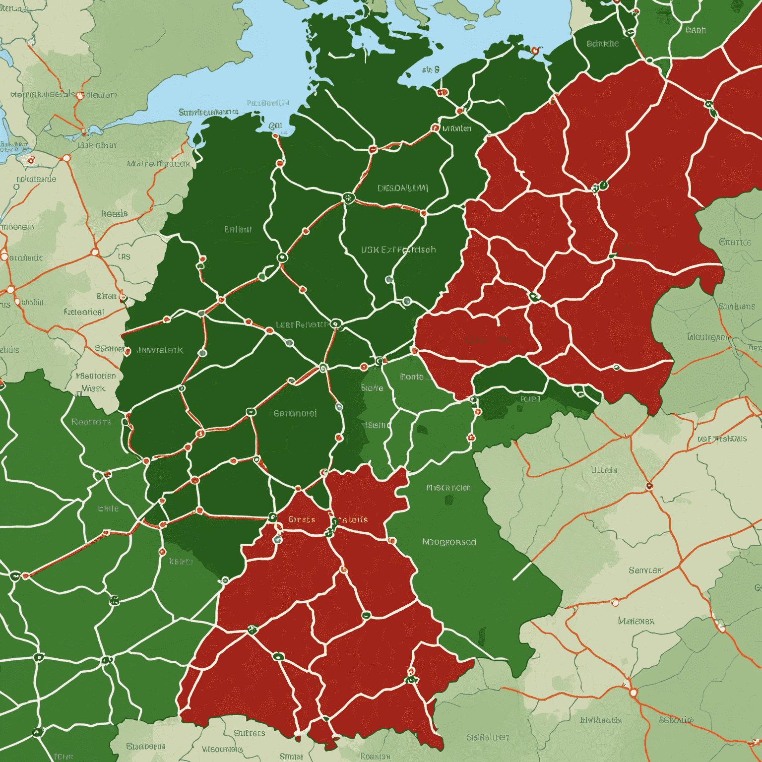 Eine Karte von Deutschland mit farbcodierten Straßen, die den aktuellen Verkehrsfluss anzeigen. Rote Bereiche zeigen Staus, grüne Bereiche zeigen fließenden Verkehr.