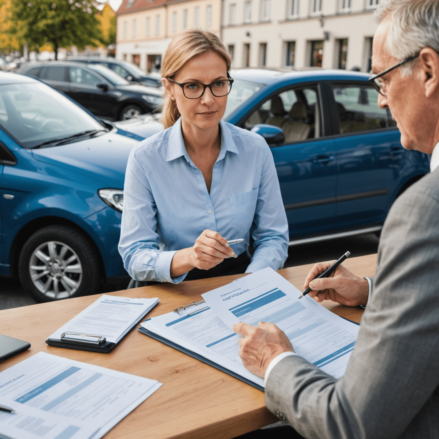 Ein Berater erklärt einem Kunden verschiedene Autoversicherungsoptionen. Auf dem Tisch liegen Dokumente mit deutschen Versicherungsinformationen.