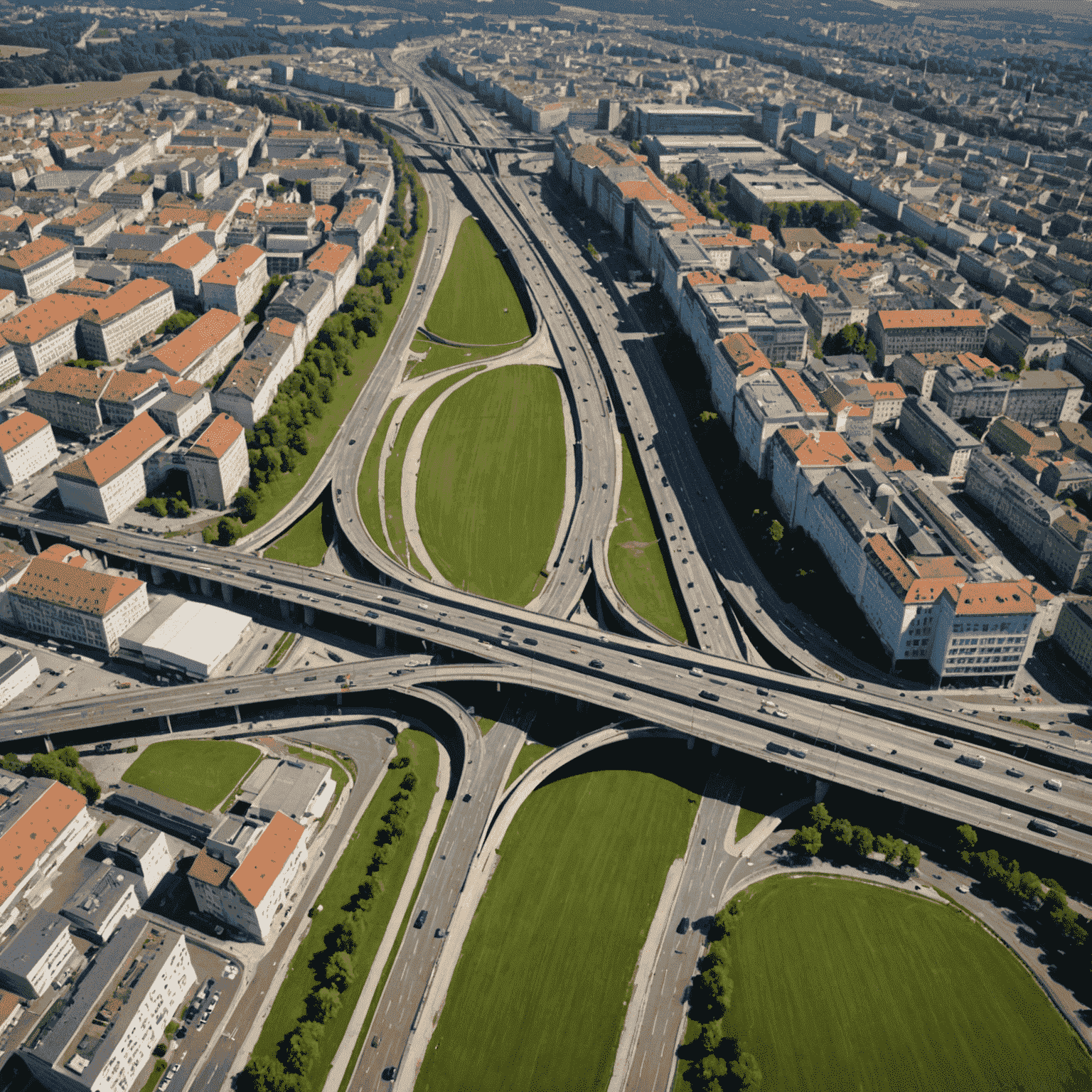 Panoramic view of Stuttgart's transformed road network, showing new tunnels and bridges integrated with the Stuttgart 21 project